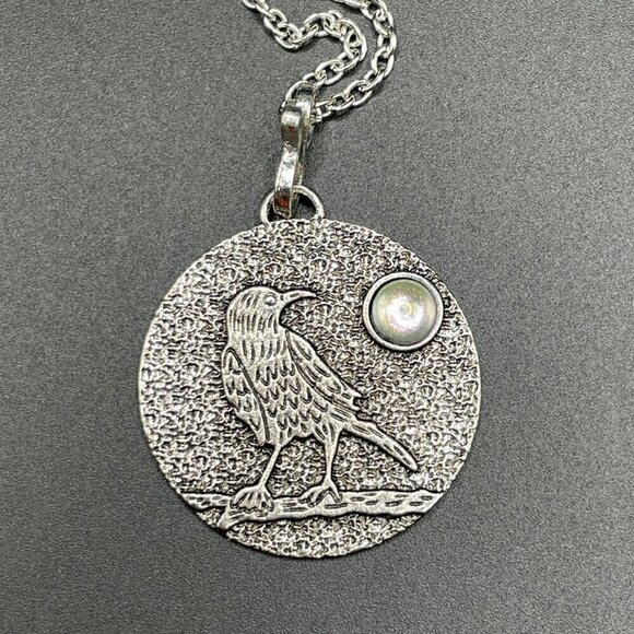 Medium Raven Silver Tone Moon Moonstone Pendant and Necklace #1338 - Picture 3 of 6